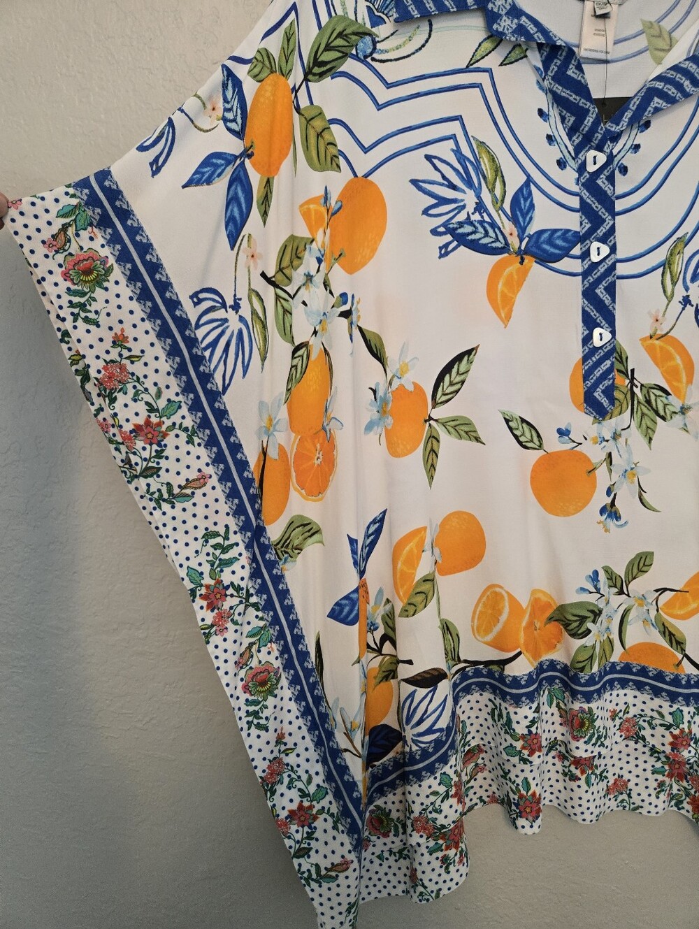John Mark Tunic/Poncho Style Shirt With Vibrant Citrus Print With Blue Accent - Picture 3 of 4
